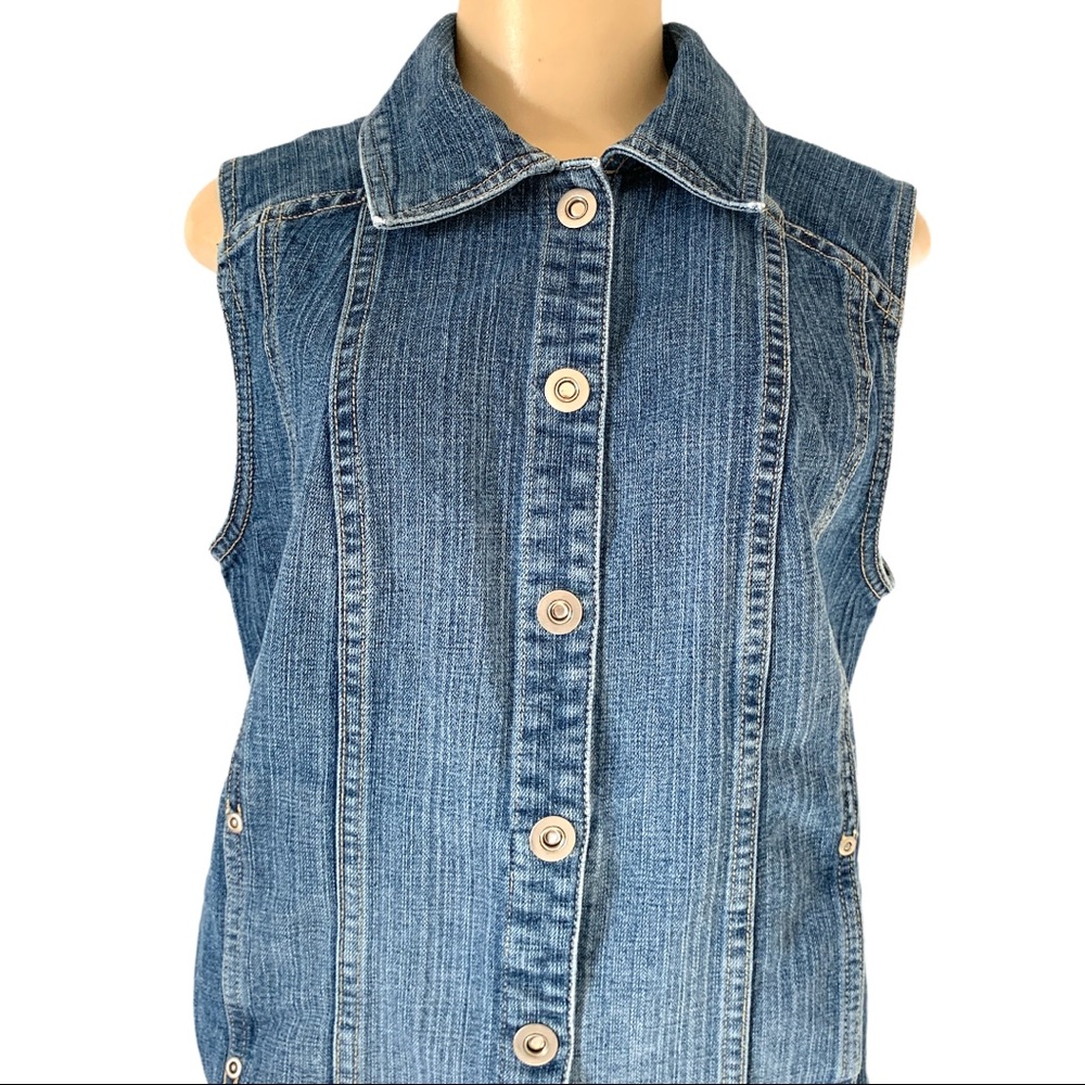 Denver Hayes Petite Denim Snap Button Blue Jean Jacket Vest Collared Sleeveless